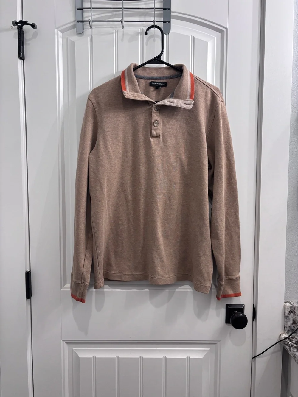 Banana Republic Long-Sleeve Polo in Taupe with Coral Trim